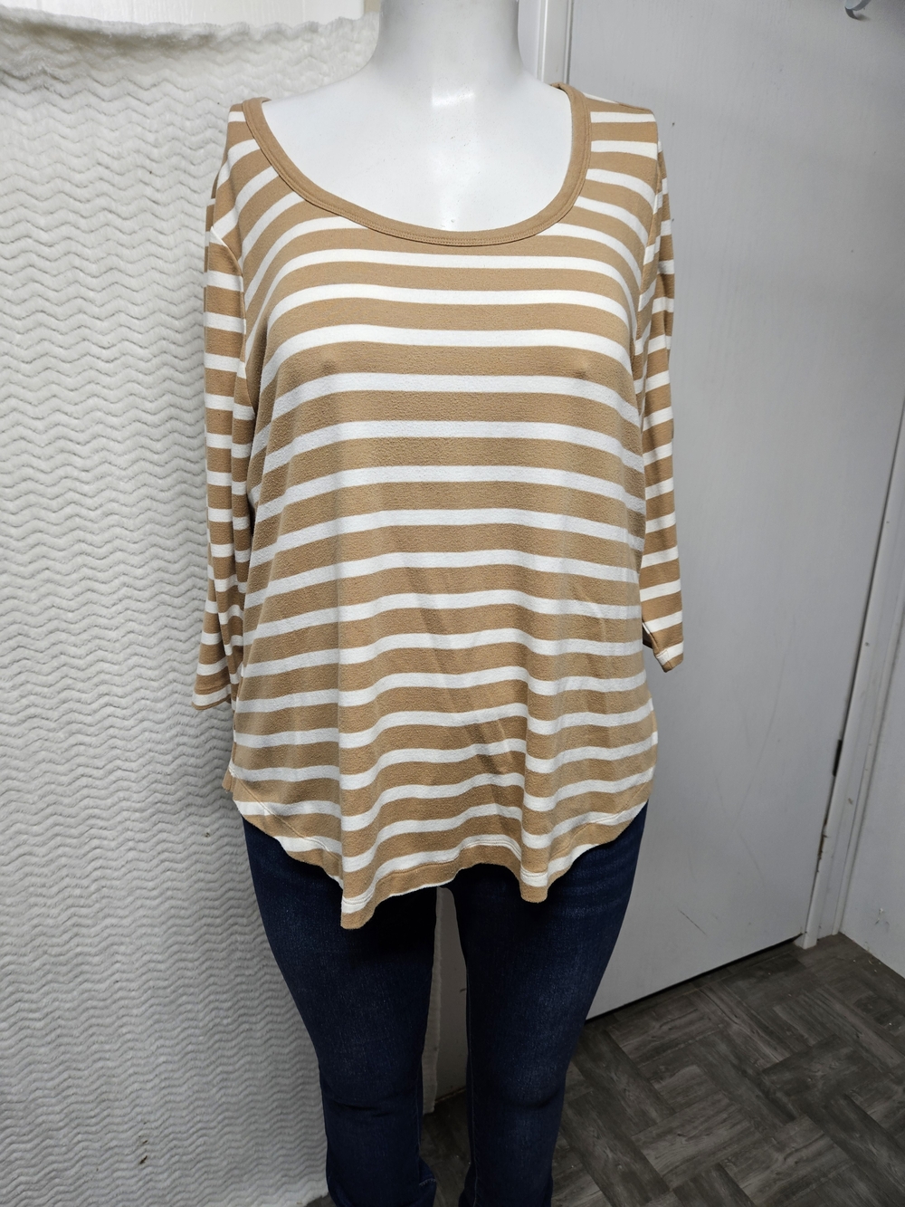 Lane Bryant Tan and White Striped Scoop Neck Long Sleeve Top
